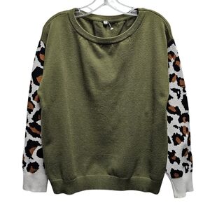 Olive Green Sweater With Cheetah Print Sleeves Unique– Medium Weight - Size M